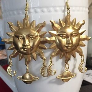 Large raw brass sun/celestial dangle/drop earrings